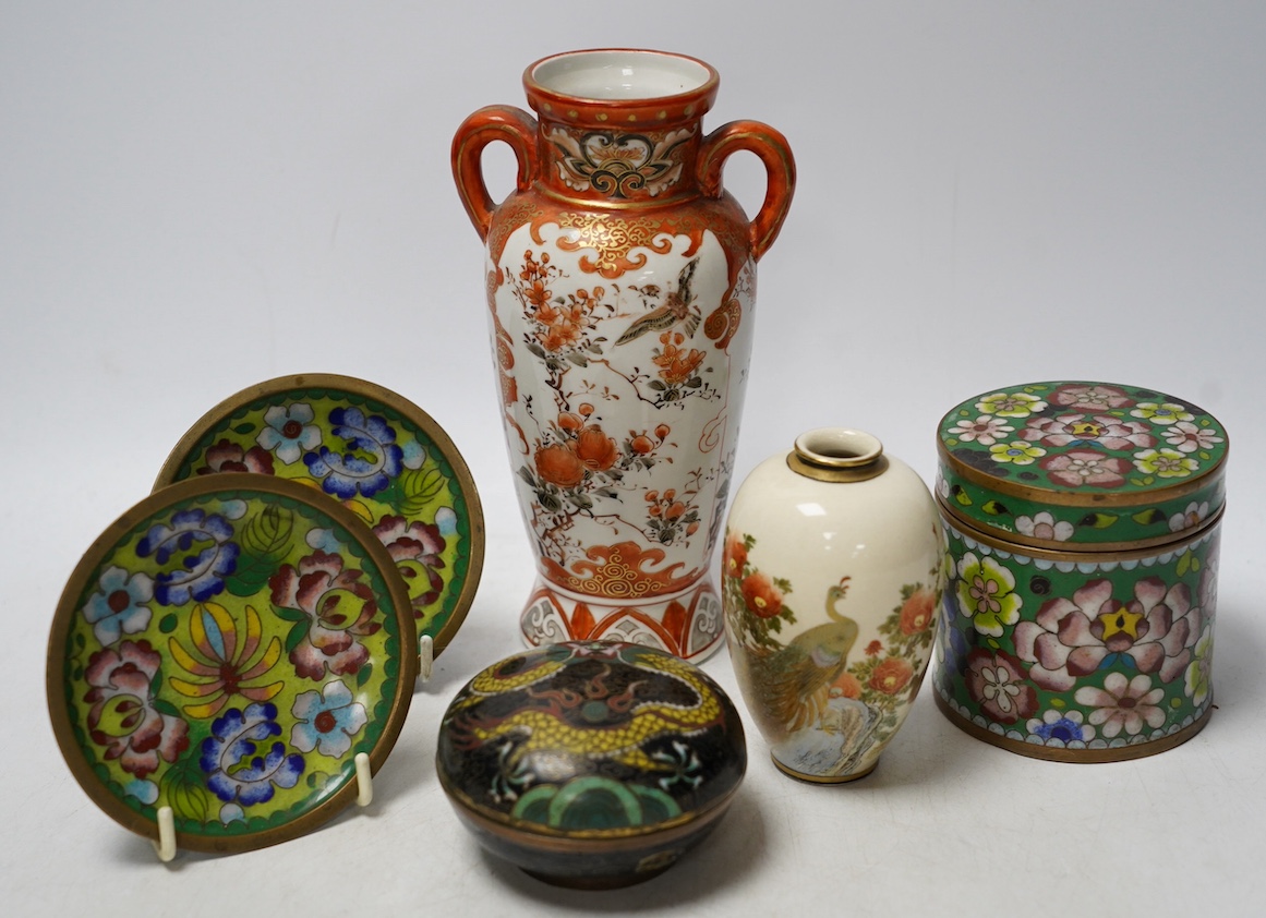 Japanese items comprising miniature Satsuma vase, four pieces of cloisonné and a Kutani vase, largest 17.5cm high. Condition - mostly fair to good